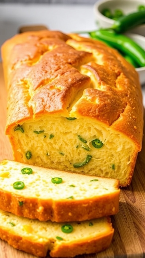 A golden loaf of jalapeño cheddar bread sliced to show cheese and jalapeños, on a wooden board.